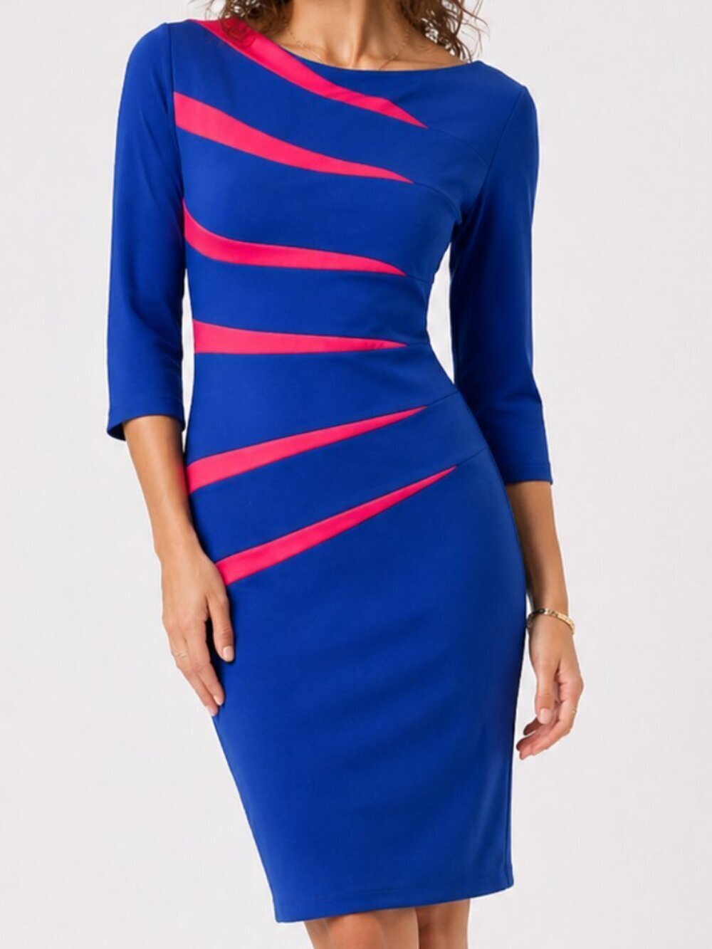 80s Retro Bodycon Slim Pencil Dress Blue Pink Small FORTRIC